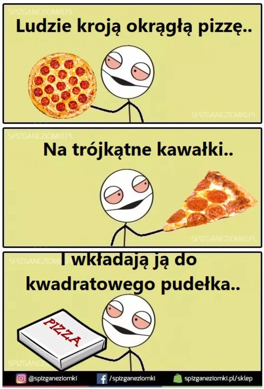 Okrągła pizza, trójkątne kawałki i kwadratowe pudełko.