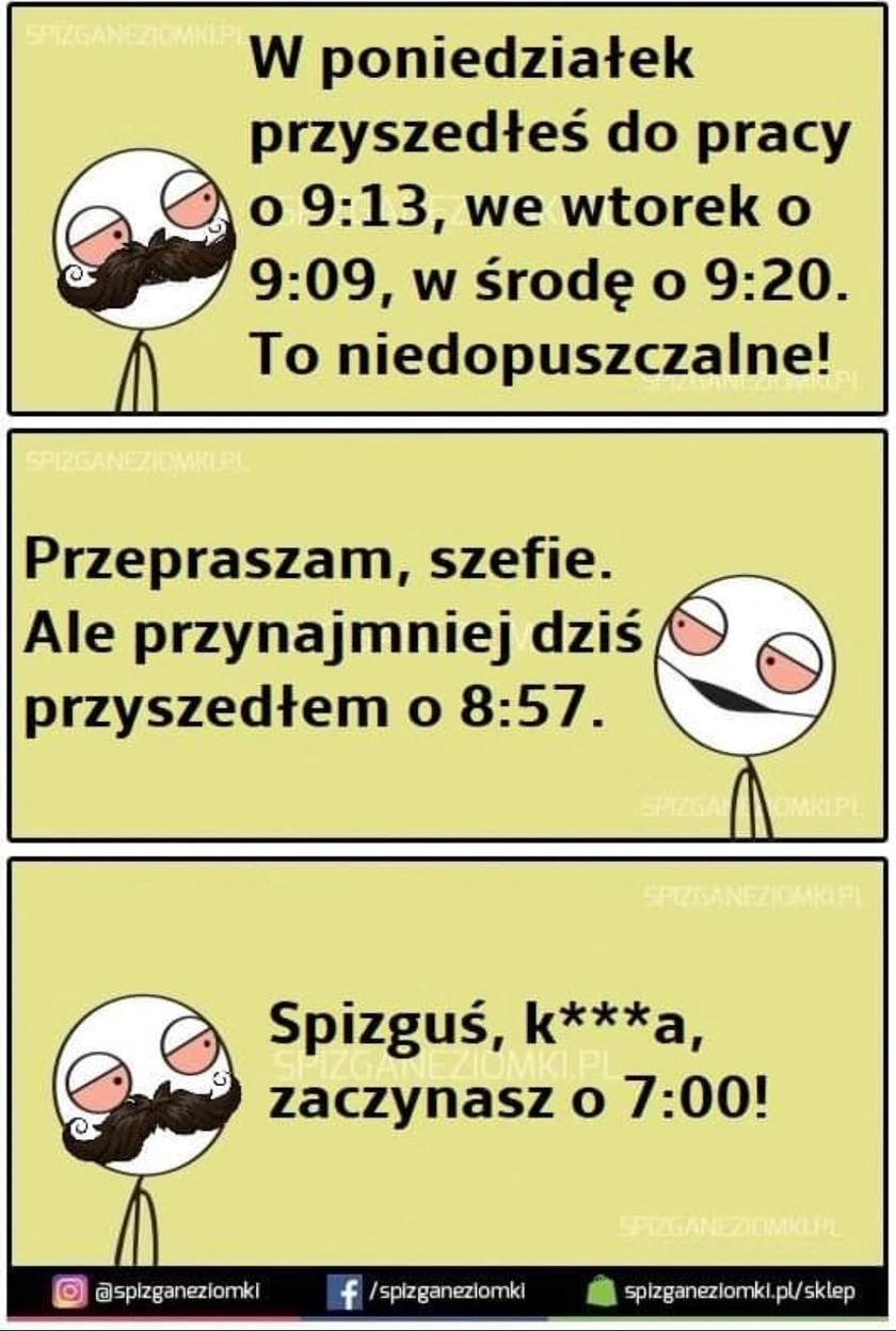 Rozmowa szefa i pracownika o godzinach przychodzenia do pracy.